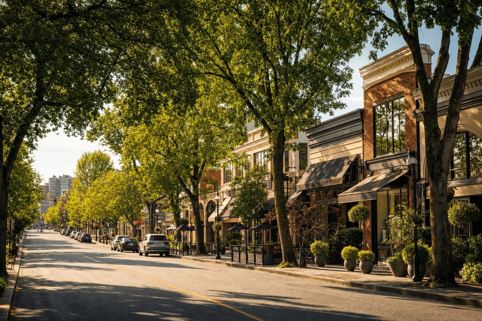 Tree-lined Kerrisdale Village streetscape on Vancouver's west side